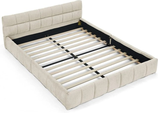 okwish Einzelbett mit Chenille Bezug in Beige für das Kinderzimmer, B/T/H: 140 x 200 x 59 cm - Bild 1