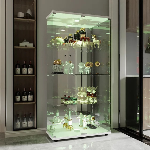 Rosahqnda LED-Glasvitrine als 4-stufige Standvitrine mit Glastüren und integrierter Beleuchtung für Wohnzimmer, Schlafzimmer oder Eingangsbereich in Weiß, Schwarz oder Transparent - Bild 1