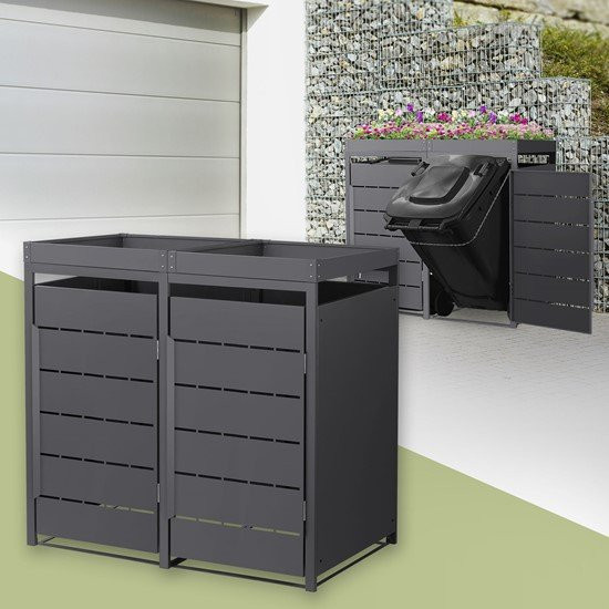 ML-Design Mülltonnenbox mit Pflanzdach für 2 Mülltonnen bis 240 Liter aus Stahl in Anthrazit, B/T/H: 132 x 80 x 124 cm - Bild 1