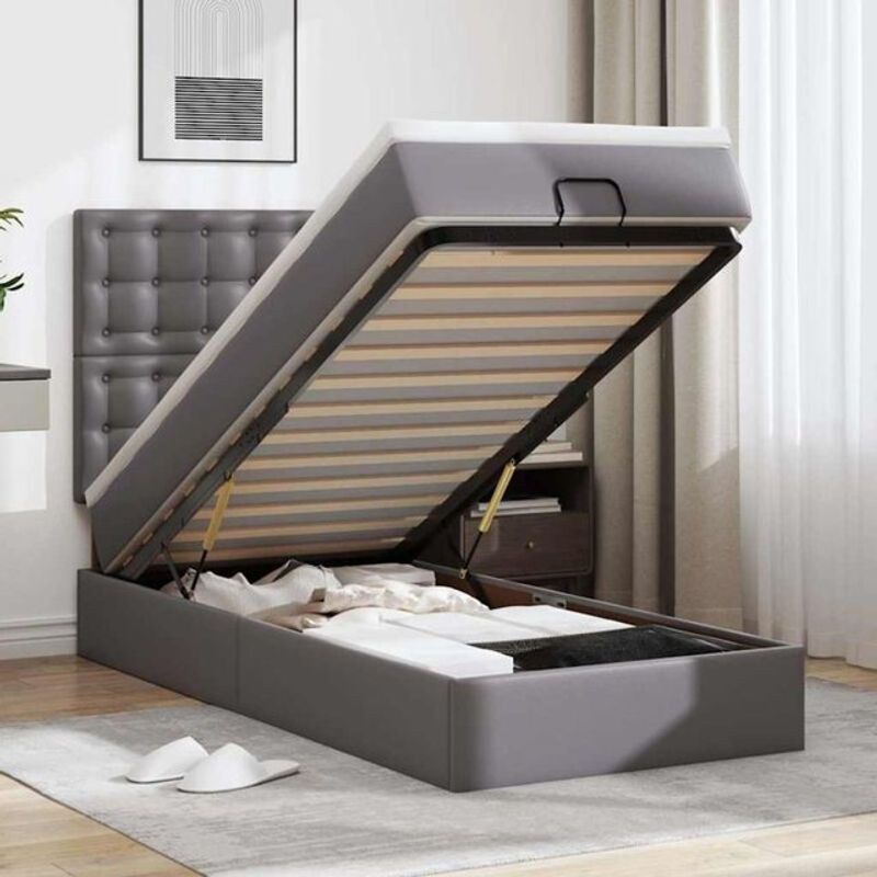 vidaxl Ottoman Polsterbett mit Matratze und LED in Grau aus Kunstleder B/T/H: 100 x 200 x 118 cm - Bild 1