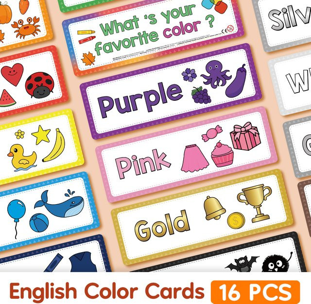 QKX 16 Stück farbige Vokabeln Lernposter für Kinder, englische Karteikarten als pädagogisches Lehrmittel für Klassenzimmer und Homeschooling, Mehrfarbig - Bild 1