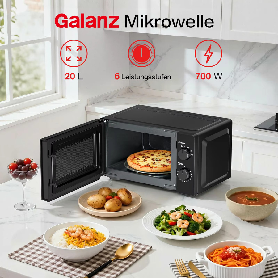 Galanz Tischmikrowelle in Schwarz mit 20 l Volumen, 700 W Leistung und 6 Leistungsstufen inklusive Auftaufunktion - Bild 2