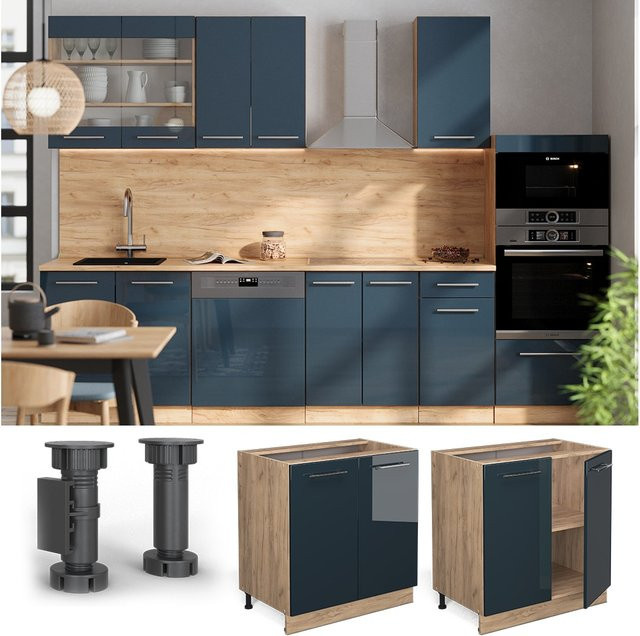 Vicco Spülenunterschrank Fame-Line Dunkelblau Hochglanz und Goldkraft Eiche mit Regal und Arbeitsplatte Breite: 80 cm - Bild 3