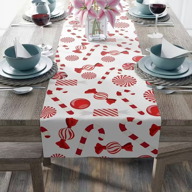JIT Tischläufer Weihnachten Zuckerstange Design in Rot und Weiß aus Leinen - Bild 1