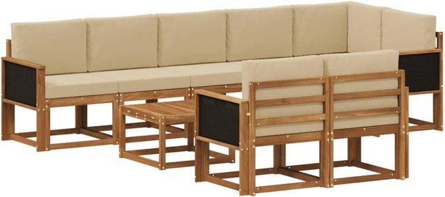 vidaXL Outdoor-Sofagarnitur L-Form aus Akazienholz mit 9 Kissen in Natur und Beige - Bild 1