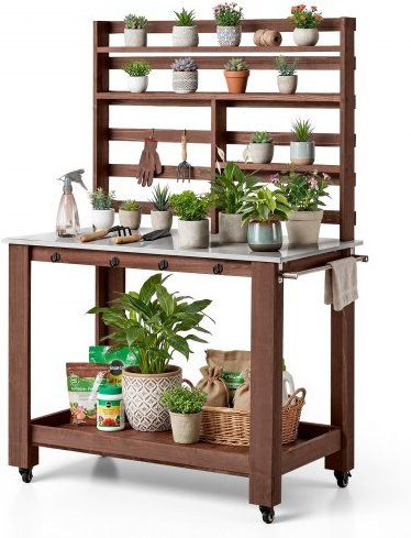 VEVOR Gartenarbeitstisch als Pflanztisch mit Edelstahlplatte und Ablageflächen, Braun, B/T/H: 115 x 66 x 169,5 cm - Bild 1