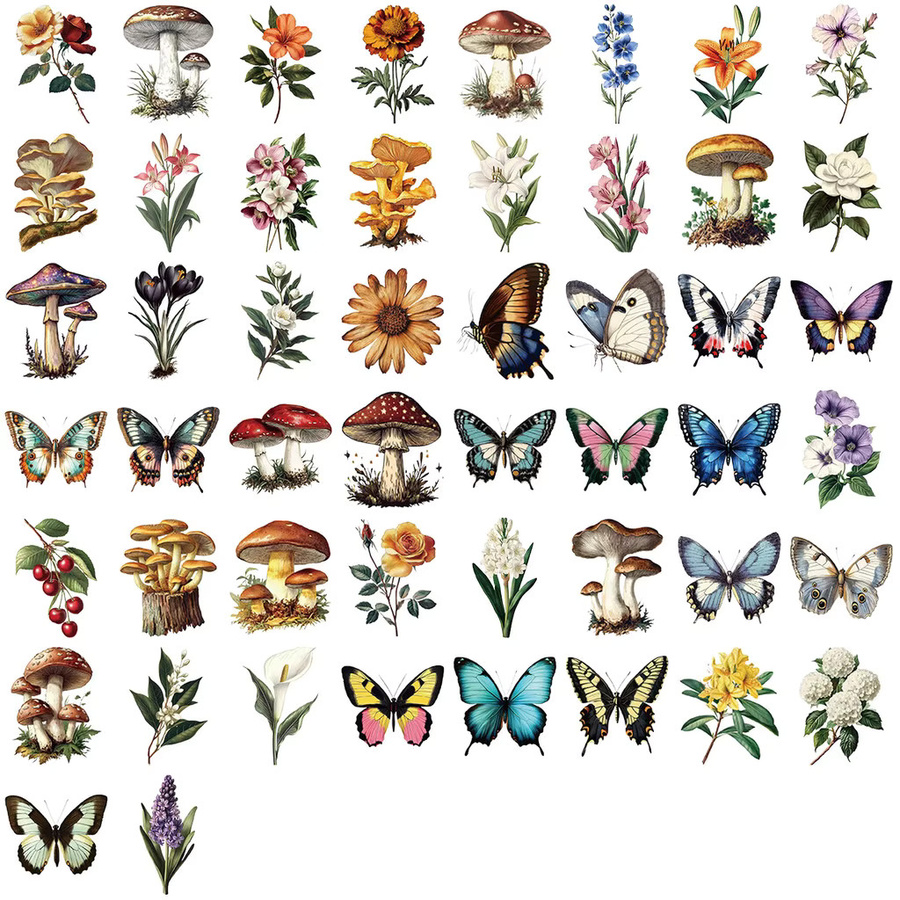 50 Stück Retro-Cartoon-Pilz-Pflanzen- und Schmetterlings-Aufkleber aus transparentem PET von AnimeWorlds Store, Mehrfarbig - Bild 3