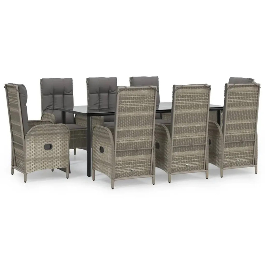 vidaXL 9-teilige Garten-Essgruppe aus Poly Rattan mit Kissen in Schwarz und Grau mit Tisch aus gehärtetem Glas - Bild 2