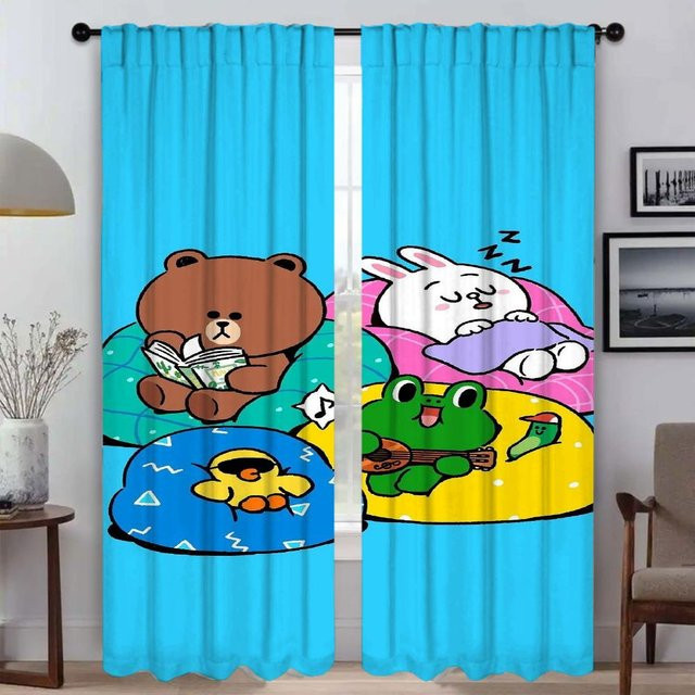 L-LINE Raumvorhänge Set aus 2 Stück, semi-transparent, blau mit Tier-Grafik, B: 50 cm, H: 70 cm - Bild 1