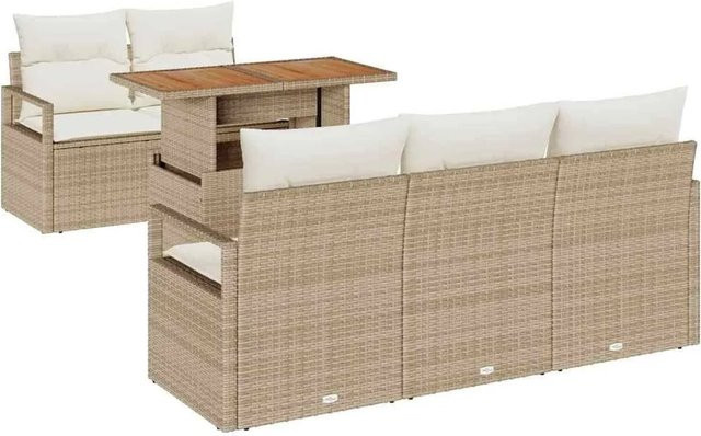 vidaXL Garten-Sofa-Set 6-teilig in Beige mit Kissen und Couchtisch aus Metall und Akazienholz - Bild 1