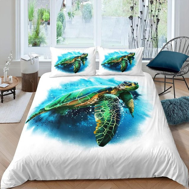 Flylo Bettwäsche Set Ozean Meeresschildkröte 3D Strand Meereswelt in Türkis und Blau, 2-teilig mit Reißverschluss, B/H: 100 x 135 cm - Bild 1