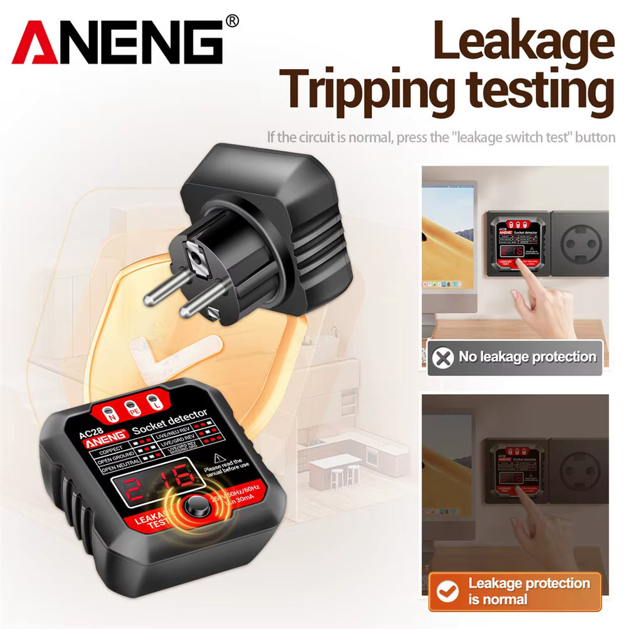 ANENG AC28 Digitaler Steckdosen-Leistungstester in Schwarz als Spannungsprüfer und Steckdosenpolaritätsdetektor für EU/US-Stecker (250 V, 50 Hz/60 Hz) - Bild 2