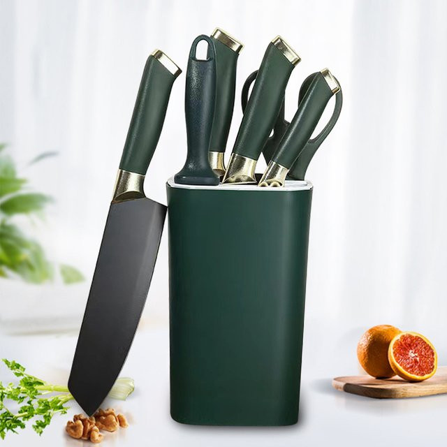 GuanQi 7in1 Multifunktions Küchenmesser Set in Grün mit Halter, inklusive Schere, Schärfer, Hackmesser und Ausbeinmesser für Fleisch, Gemüse und Obst - Bild 1