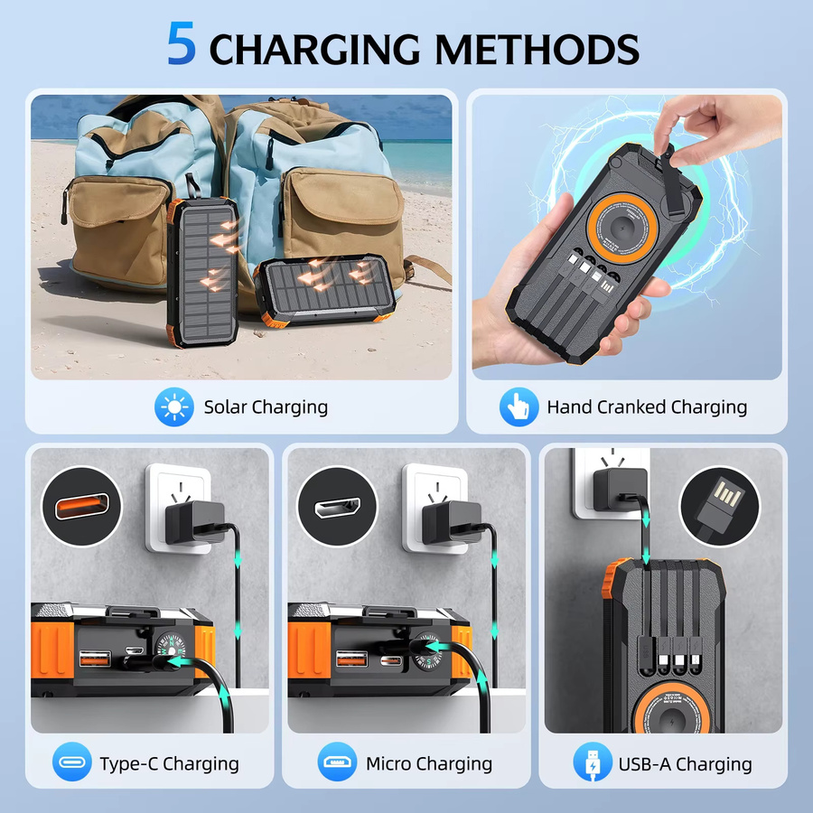 Rscrola Magnetische Kabellose Powerbank mit Solar-Handkurbel und LED-Notlicht, 50000mAh, Schwarz - Bild 3