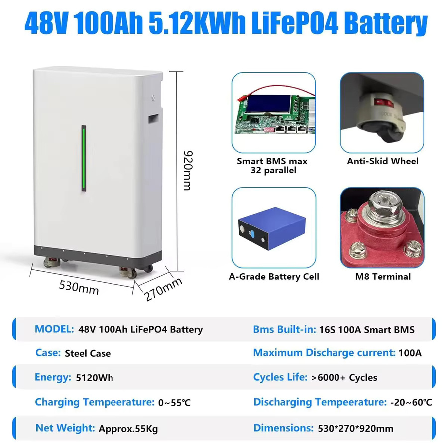 CERRNSS LiFePO4 Solarbatterie 51.2V 100Ah 5kWh mit aktivem Equalizer BMS und mobilen Rädern in Weiß - Bild 2