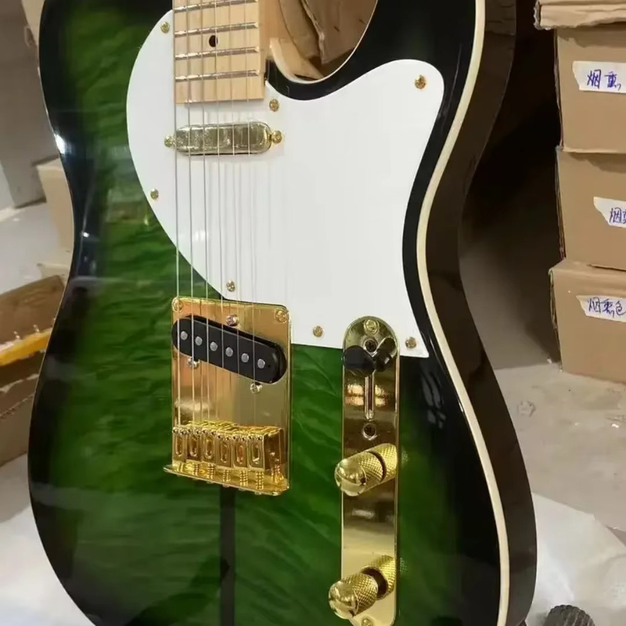 OUCEY Vintage E-Gitarre TELE01 mit grünem Tigerstreifen-Farbverlauf und goldener Hardware - Bild 4