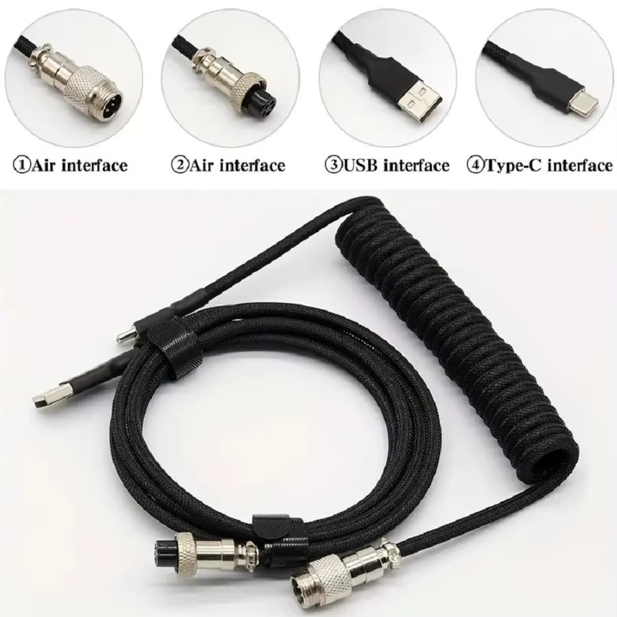 Spiralförmiges Tastaturkabel USB-C auf USB-A mit Aviator-Stecker aus Metall in Weiß, Länge: 1,5 m - Bild 1