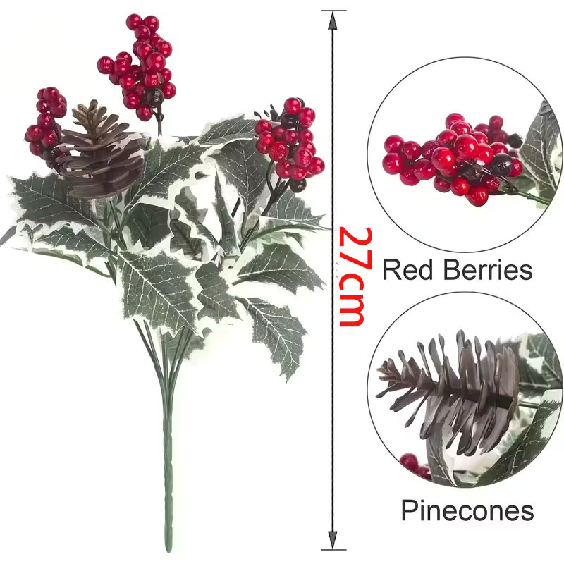 Lushliage Künstliche Weihnachts-Stechpalme mit roten Beeren und Tannenzapfen in Rot und Grün aus Kunststoff - Bild 5