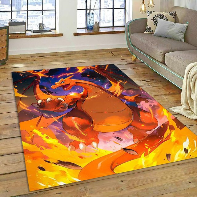 Pokémon Teppich mit Glurak, Glumanda und Dracaufeu für Wohnzimmer und Schlafzimmer, Mehrfarbig, B/T: 90 x 60 cm - Bild 1