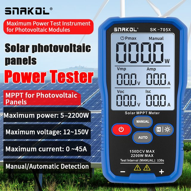 SNAKOL Solar MPPT Tester Multimeter für PV-Panels bis 2200W, Leistungsmesser für 80V/150V VOC ISC, Farbe: Blau - Bild 1