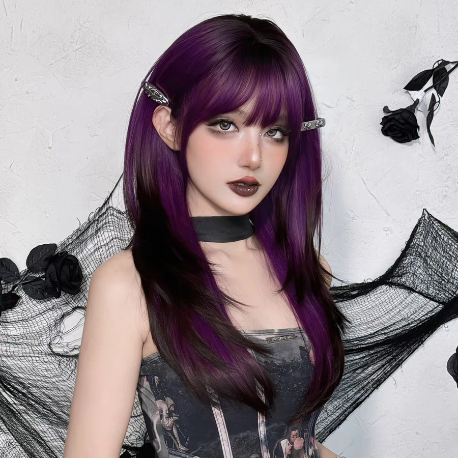 7JHH WIGS Perücke Damen, schwarz-lila Ombré, synthetisch, hitzebeständig - Bild 2