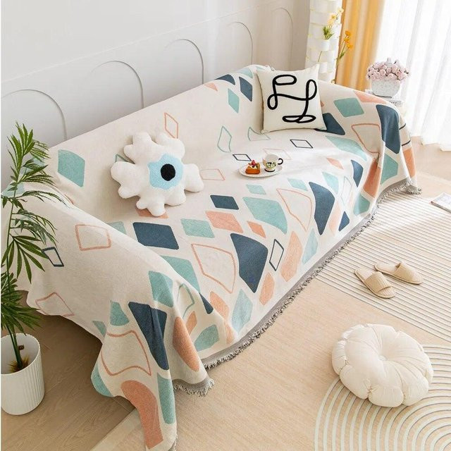 A Family Of Home Textiles Sofatuch mit Frühlingsmuster und geometrischen Linien, weiche Decke aus Baumwollmischung für Camping und Picknick, Mehrfarbig, B/T: 180 x 130 cm - Bild 1
