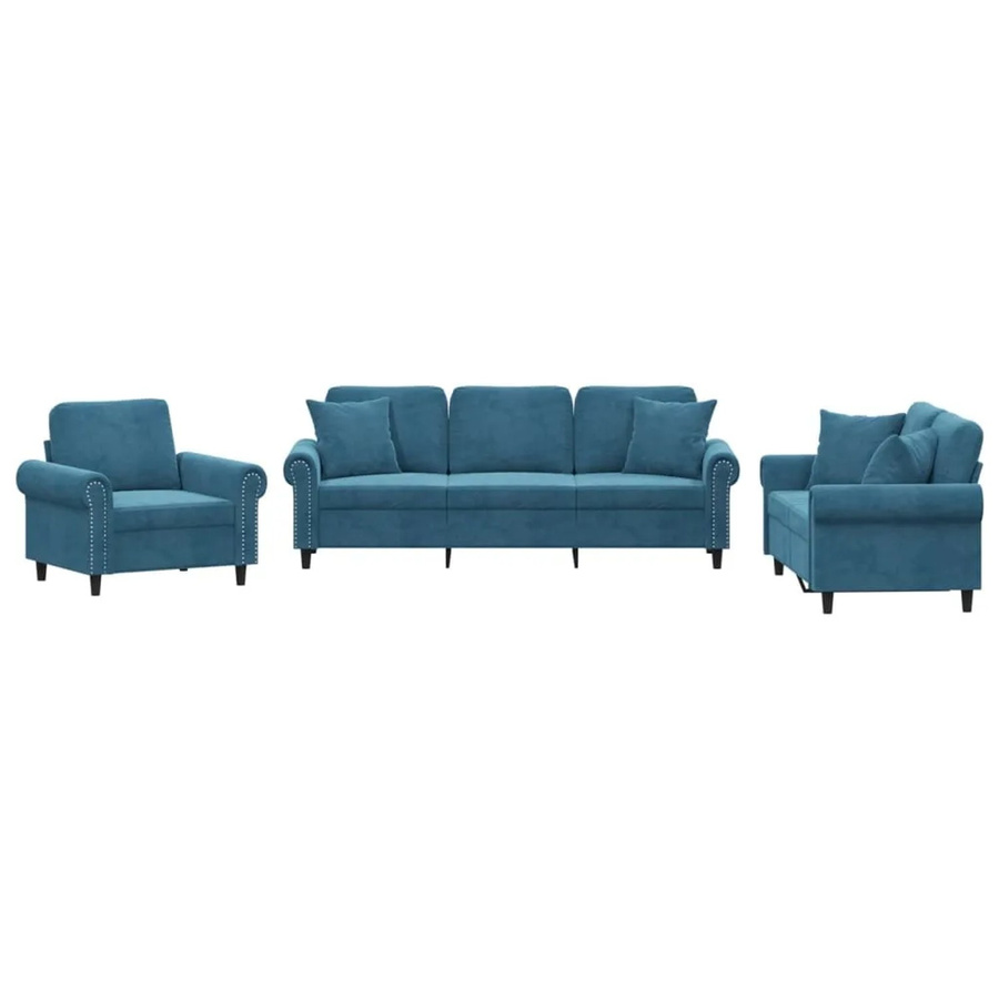 vidaXL Sofagarnitur aus Samt in Blau mit Kissen, bestehend aus 3-Sitzer-Sofa, 2-Sitzer-Sofa und Sessel - Bild 2
