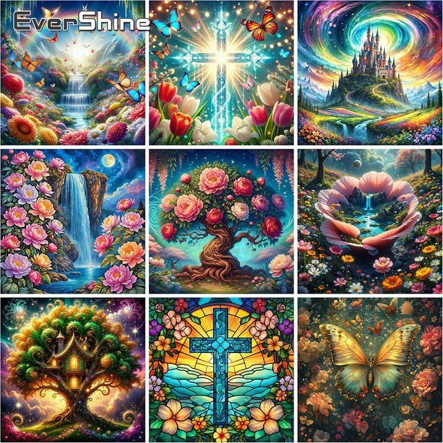 EverShinet DIY Diamant-Mosaik Set Wasserfall-Landschaft mit Blumen als Vollquadrat Kreuzstich Stickerei in Multicolour - Bild 1
