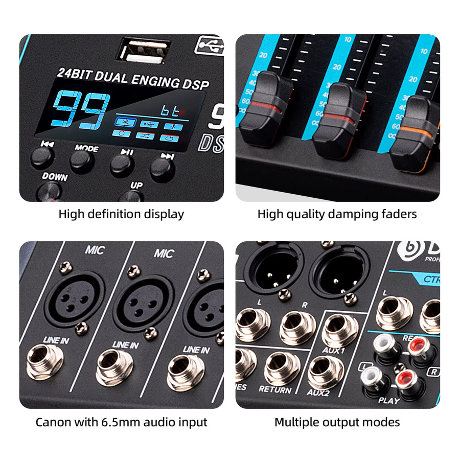 Debra DJ Controller 10 Kanäle 99 DSP Audio Mixer mit Bluetooth 5.0 und Reverb in Schwarz - Bild 5