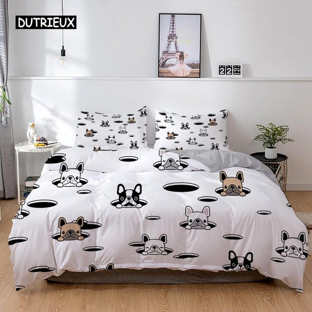3D Bettwäsche Set mit Französische Bulldogge Motiv, weißes Microfaser Bettbezug Set mit Kissenbezug, B/H: 150 x 200 cm - Bild 1