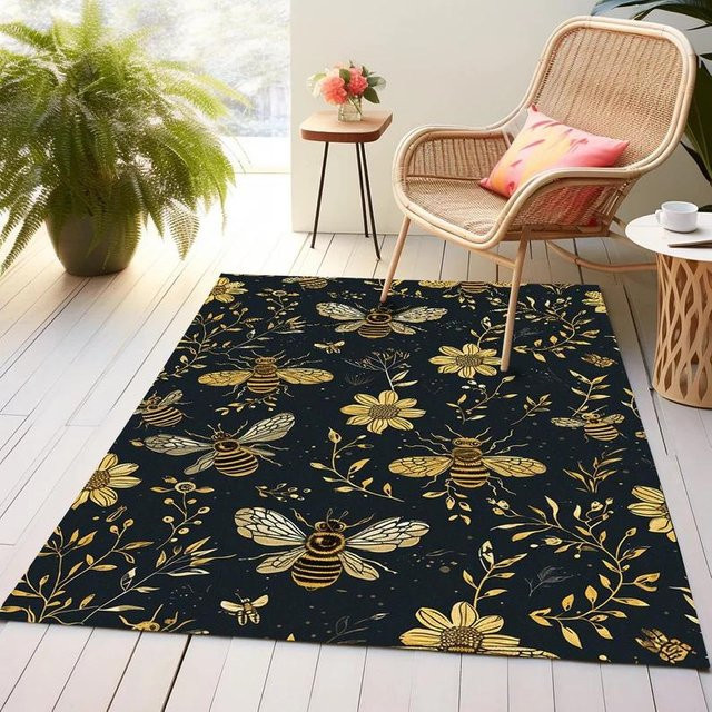 Rutschfester und waschbarer Teppich mit Bienenmuster von Lodestar in Schwarz, B/B: 120 x 160 cm - Bild 1