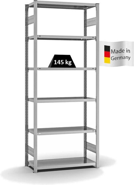 PROREGAL Fachbodenregal Stecksystem T-Profil Light-Duty, verzinkt, Farbe: Silber, H x B x T: 250 x 100 x 40 cm, 6 Ebenen, Fachlast 145 kg, beidseitig nutzbar - Bild 1