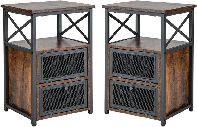 Costway 2er Set Beistelltisch Industrial Design in Schwarz und Braun mit Klappschubladen - Bild 1