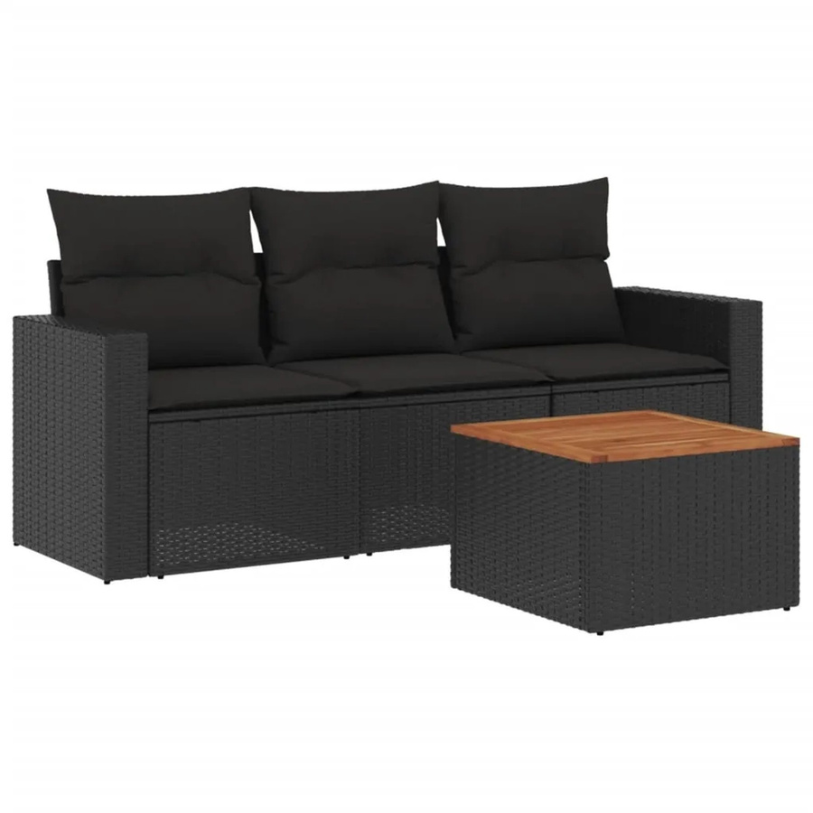 vidaXL 4-teilige Garten-Sofagarnitur aus Poly-Rattan und Akazienholz in Schwarz mit Kissen - Bild 2