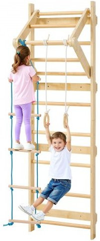 VEVOR schwedische Leiterwand 4 in 1 aus Massivholz in Braun, 8-stufiges Indoor-Klettergerüst mit Turnringen, Klimmzugstange und Strickleiter, bis 100 kg belastbar - Bild 1