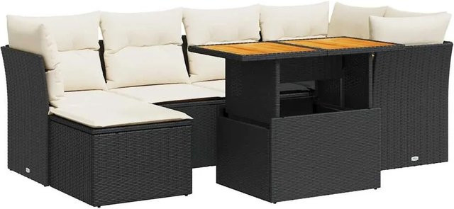 vidaXL 7-teilige Garten-Sofagarnitur aus Poly-Rattan und Akazienholz in Schwarz-Creme mit Kissen - Bild 1