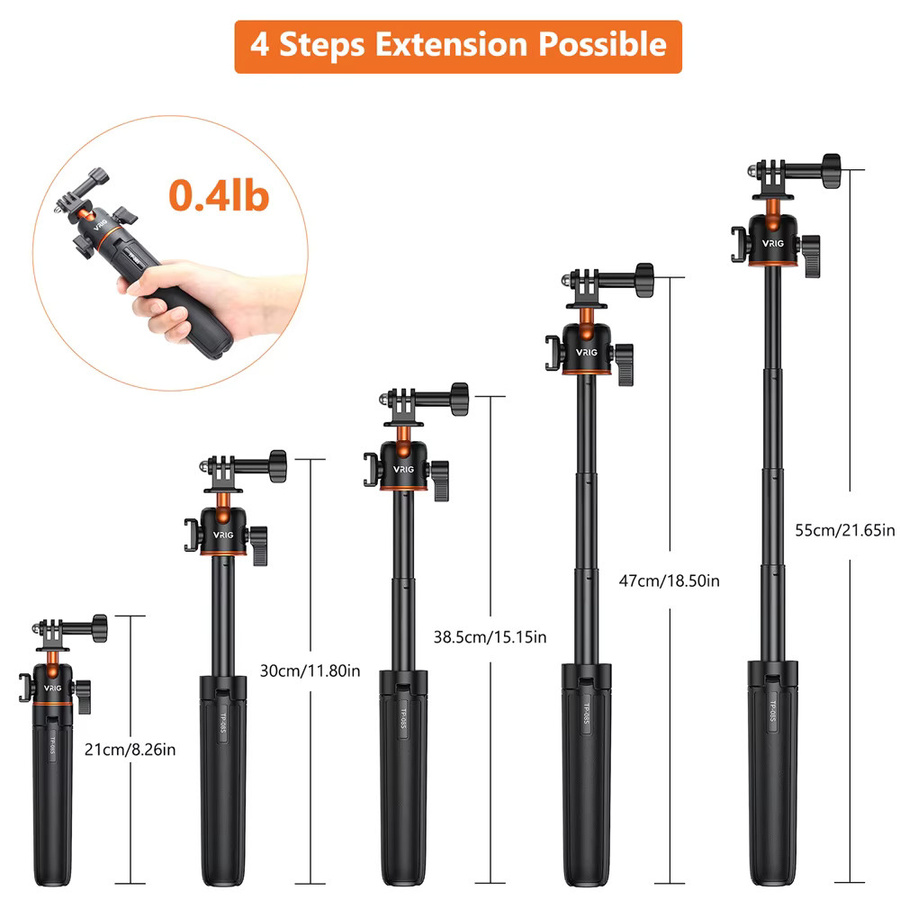 VRIG Selfie-Stick-Stativ mit 360-Grad-Kugelkopf und kalter Schuhmontage für Mikrofon oder Licht in Schwarz - Bild 4