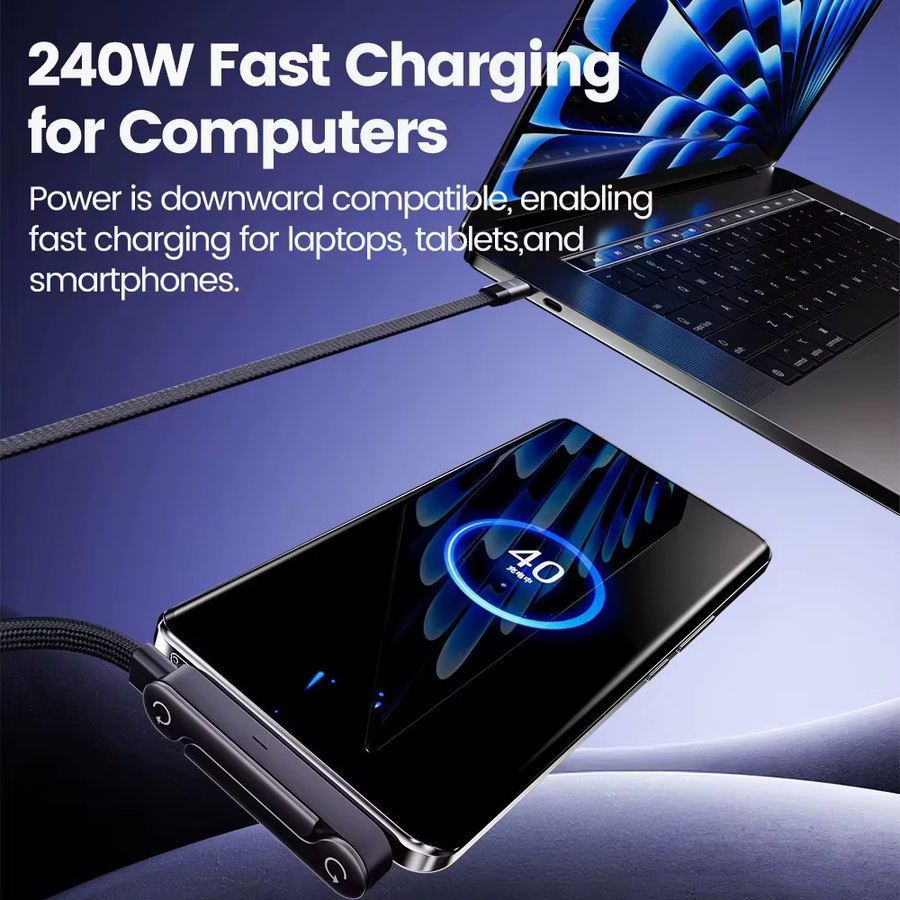 NNBILI USB-C zu USB-C Schnellladekabel mit faltbarer Desktop-Halterung, 240W, Schwarz - Bild 3
