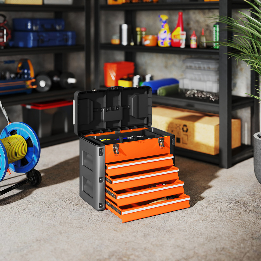 HOMCOM Werkzeugkiste aus Stahl in Orange mit 4 Schubladen und oberem Staufach, B/T/H: 49,7 x 25,3 x 40,7 cm - Bild 2