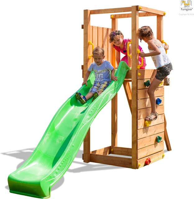 Fungoo Spielturm TIPTOP Klettergerüst mit Rutsche, Leiter und Kletterwand in Teak - Bild 1