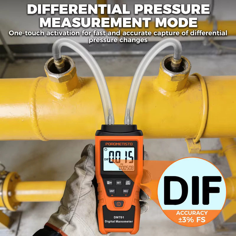 DMT01 Digitales Manometer Druckmessgerät in Orange mit 12 Druckeinheiten als Differenzdruck-Detektor und Luftdruckmesser - Bild 3