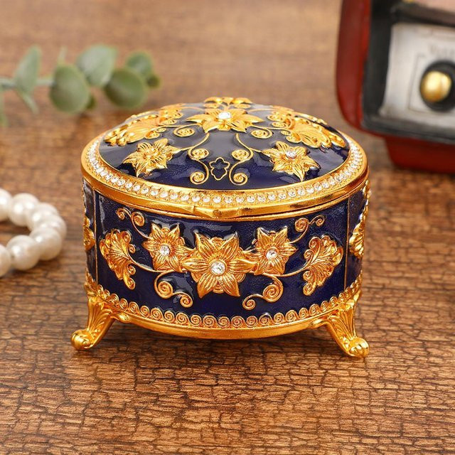 StellarSips Schmuckschatulle, Vintage, Blumendesign, Dark Blue, Unisex - Bild 1