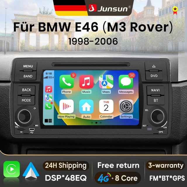 Junsun Android Autoradio mit 7 Zoll IPS-Bildschirm für BMW E46 M3 318 320 325 330 335 (1998-2006) mit kabellosem Apple CarPlay in Schwarz - Bild 1