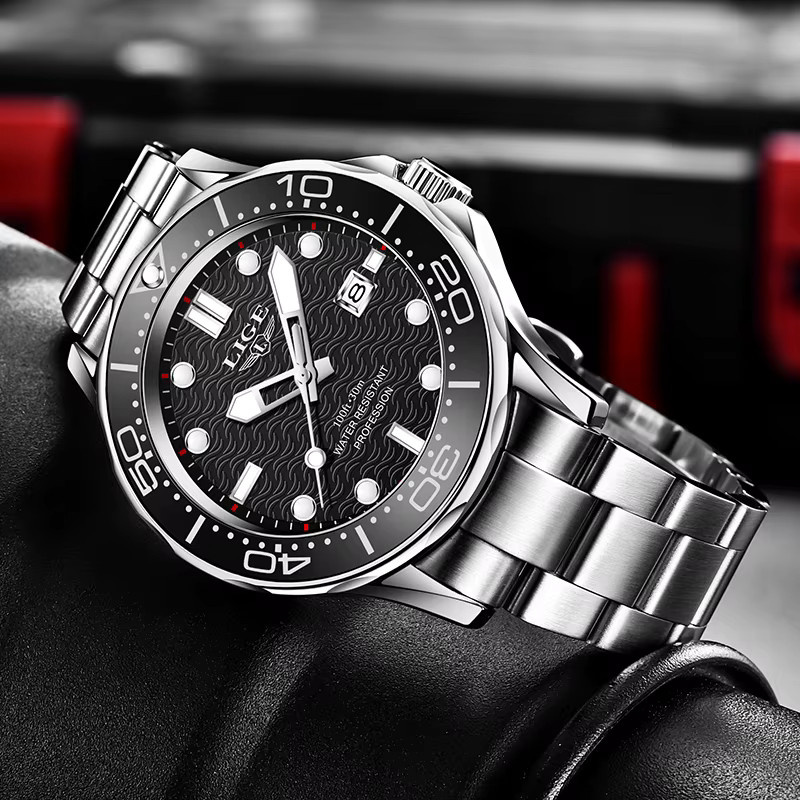 LIGE Armbanduhr Edelstahl, Quarz, Datum, Schwarz, Herren - Bild 3