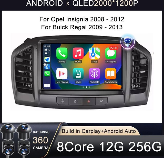 KJ-NAVI Autoradio mit Android 16, CarPlay und Navigation GPS für Opel Insignia 2008 - 2012 und Buick Regal 2009 - 2013, Stereo mit 4G und WLAN, Schwarz - Bild 1