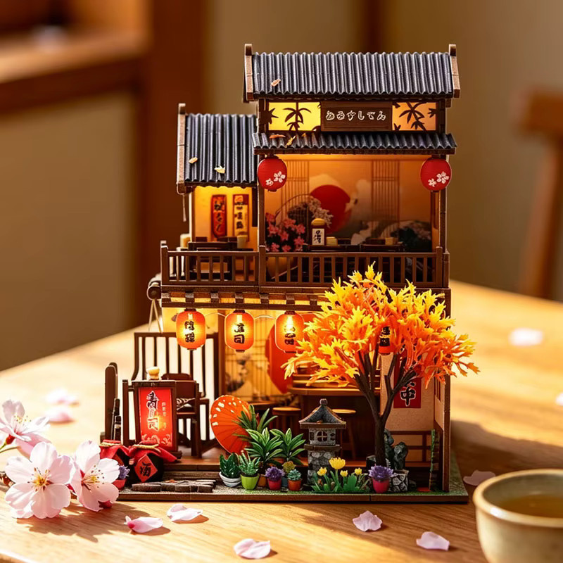 Zuuton Japanisches Sushi Restaurant, Miniatur Puppenhaus, 3D Holzpuzzle Modellbausatz, mit LED Licht, ab 14 Jahren - Bild 3