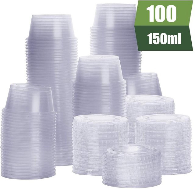 100 Stück Einweg-Jello-Shot-Becher von CosyHome aus Kunststoff mit Deckel, transparent, auslaufsicher und stapelbar - Bild 1