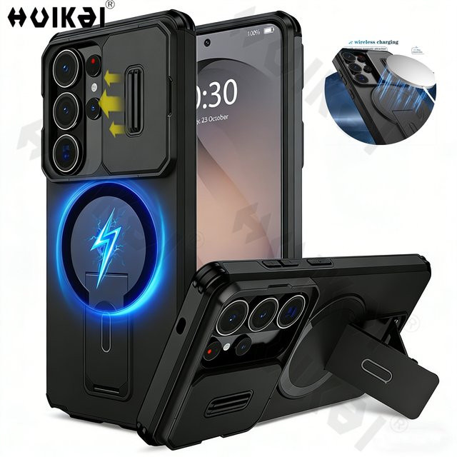 Huikai Stoßfeste Handyhülle für Samsung Galaxy S26 Ultra mit Ständer, Schiebe-Kameraabdeckung und MagSafe-Kompatibilität, Schwarz - Bild 1