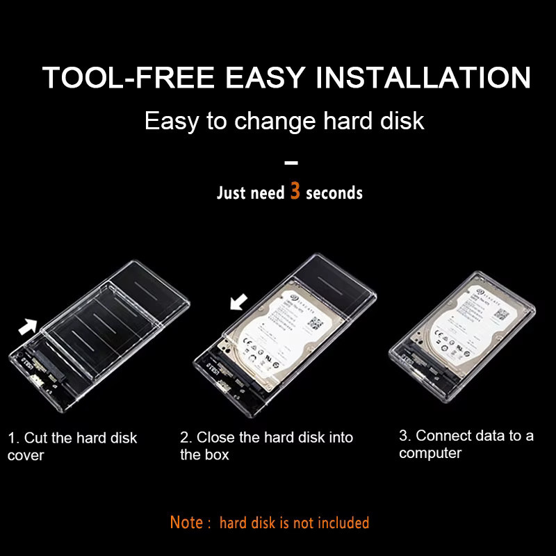 Urgrico Externes 2,5 Zoll HDD-Festplattengehäuse USB 3.0 zu SATA II, Schwarz/Transparent - Bild 2
