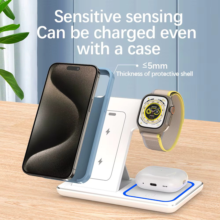 Faltbare 3-in-1 kabellose Ladestation in Weiß für iPhone 12 bis 17 Pro Max, iWatch Ultra und AirPods Pro 4/3 mit 15W Schnellladefunktion - Bild 2